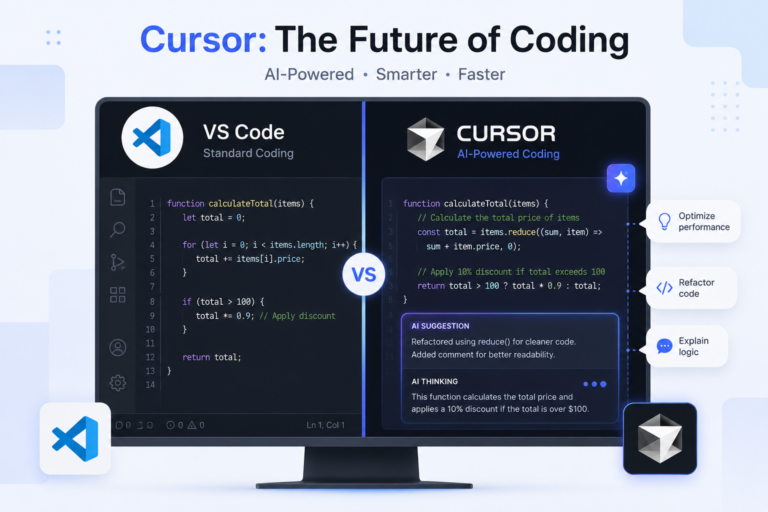 Illustration comparant Visual Studio Code et Cursor, montrant un éditeur de code classique face à un environnement de développement assisté par IA.